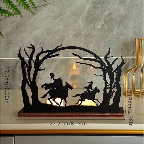 Headless Horseman Statue Candlestick Wooden Headless Silhouette Halloween Decorations Sculpture Table Artwork, Black Headless Horseman Candle Holder Figurine Hollow Desk Decor Scene (1pcs) in Saudi Arabia