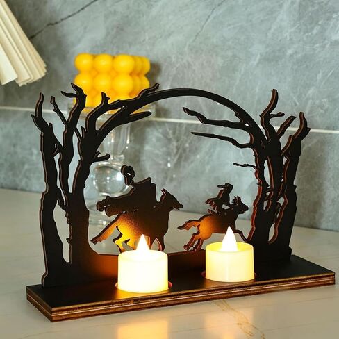 Headless Horseman Statue Candlestick Wooden Headless Silhouette Halloween Decorations Sculpture Table Artwork, Black Headless Horseman Candle Holder Figurine Hollow Desk Decor Scene (1pcs) in Saudi Arabia