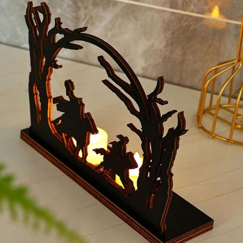 Headless Horseman Statue Candlestick Wooden Headless Silhouette Halloween Decorations Sculpture Table Artwork, Black Headless Horseman Candle Holder Figurine Hollow Desk Decor Scene (1pcs) in Saudi Arabia