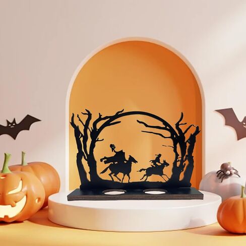 Headless Horseman Statue Candlestick Wooden Headless Silhouette Halloween Decorations Sculpture Table Artwork, Black Headless Horseman Candle Holder Figurine Hollow Desk Decor Scene (1pcs) in Saudi Arabia
