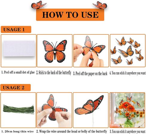 HSONAIGEE 48 Pcs Monarch Butterfly Decor 4 Sizes 3D Halloween Butterflies Wall Decal Fall Butterfly for Crafts Halloween Party Wall Table Bedroom Decorations in Saudi Arabia