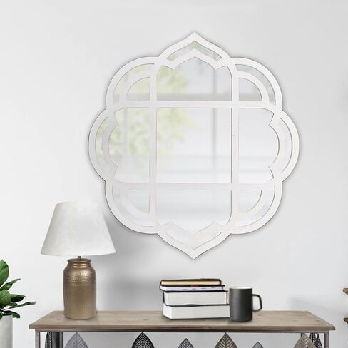 Farmhouse Scalloped Window Mirror 22 X 24 Inch, Hanging Distressed Finish Rustic White Wooden Round Mirrors for Wall Decor Living Room, Floral Decorative Mirrors for Hallway Entryway in Saudi Arabia