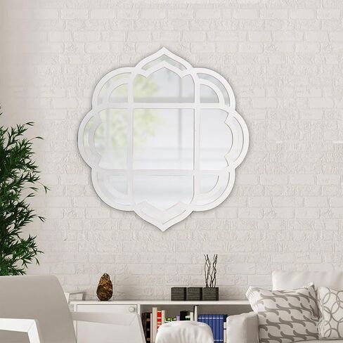 Farmhouse Scalloped Window Mirror 22 X 24 Inch, Hanging Distressed Finish Rustic White Wooden Round Mirrors for Wall Decor Living Room, Floral Decorative Mirrors for Hallway Entryway in Saudi Arabia