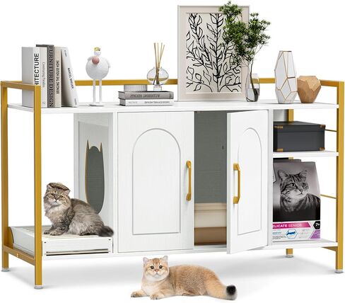 Snughome Cat Litter Box Enclosure, Modern Cat Litter Box Furniture, Hidden Litter Box with Litter Catcher/Storage Shelves, Cat Washroom Cat House Side End Table Entryway Bench for Living Room, Black in Kuwait