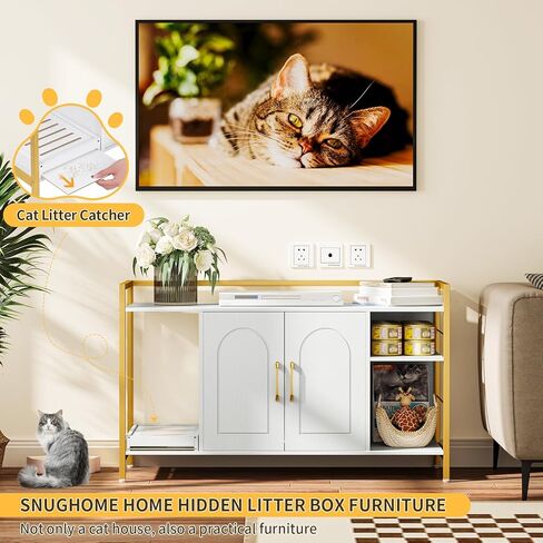 Snughome Cat Litter Box Enclosure, Modern Cat Litter Box Furniture, Hidden Litter Box with Litter Catcher/Storage Shelves, Cat Washroom Cat House Side End Table Entryway Bench for Living Room, Black in Kuwait