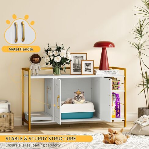 Snughome Cat Litter Box Enclosure, Modern Cat Litter Box Furniture, Hidden Litter Box with Litter Catcher/Storage Shelves, Cat Washroom Cat House Side End Table Entryway Bench for Living Room, Black in Kuwait