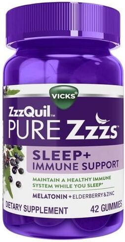 فيكس ZzzQuil Pure Zzzs Sleep + علكات دعم المناعة مع الميلاتونين، البلسان والزنك، 42 قيراط، 0.42 رطل in Kuwait