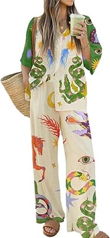 NUFIWI Vintage Graffiti 2 Pieces Pants Sets for Women Floral Fruit Print Short Sleeve Shirt Wide Leg Pants Beachwear Suit in Saudi Arabia