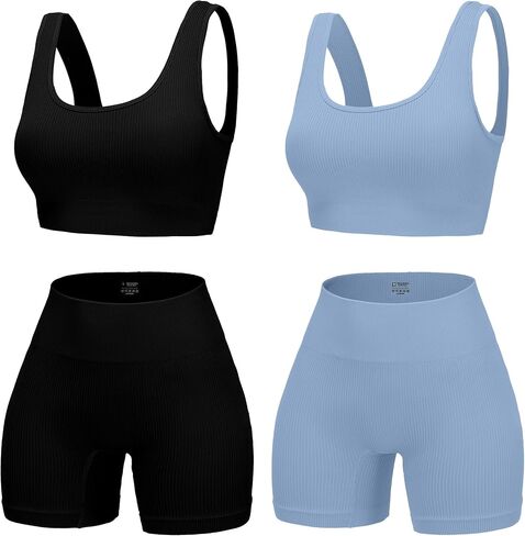 4 Piece Workout Sets for Women Seamless Ribbed High Waist Yoga shorts with Sports Bra Outfits in Kuwait