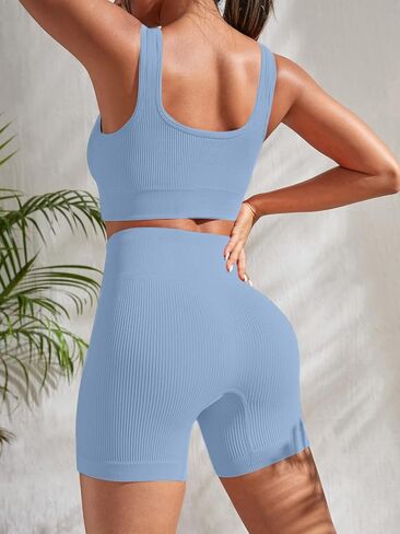 4 Piece Workout Sets for Women Seamless Ribbed High Waist Yoga shorts with Sports Bra Outfits in Kuwait