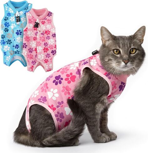 Cat Recovery Suit: Blue Cat Surgery Recovery Suit Male w/Paw Print Design - Elastic, Soft & Breathable Cat Recovery Suit for Spay - Washable Cat Surgery Suit for Post-Operative Healing Process. in Kuwait