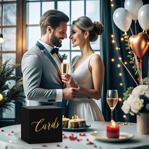 صندوق بطاقات أسود بتصميم رقائق ذهبية، صندوق استقبال بطاقات الهدايا مع 10 قطع بطاقات فارغة لأعياد الميلاد وحفلات الزفاف والتخرج وأعياد الميلاد وحفلات استقبال المولود الجديد وتقاعد المنازل المفتوحة واحتفالات الذكرى السنوية 8.7 بوصة in Saudi Arabia
