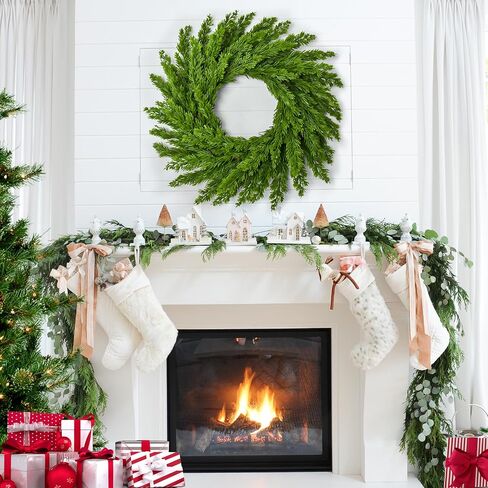 Christmas Wreaths for Front Door,Norfolk Pine Wreath Green Pine Branches Artificial Christmas Wreaths,Farmhouse Rattan Base for Window,Wall,Door Winter Wreath Decorations,18 Inch in Saudi Arabia