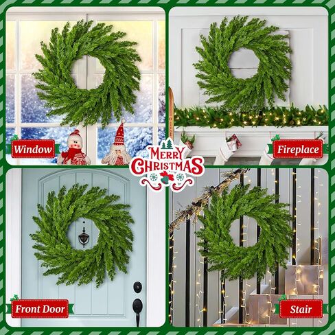 Christmas Wreaths for Front Door,Norfolk Pine Wreath Green Pine Branches Artificial Christmas Wreaths,Farmhouse Rattan Base for Window,Wall,Door Winter Wreath Decorations,18 Inch in Saudi Arabia