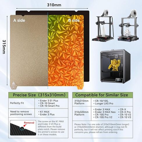 لوحة بناء Ender 3 S1 Plus، ملاءة سرير PEO PEI مزدوجة الجوانب، PEO من الفولاذ الزنبركي المغناطيسي الماسي + سطح PEI محكم لـ Creality CR-10S، CR-10 Smart/Pro، أطول LK5 Pro، 310 × 315 مم in Kuwait