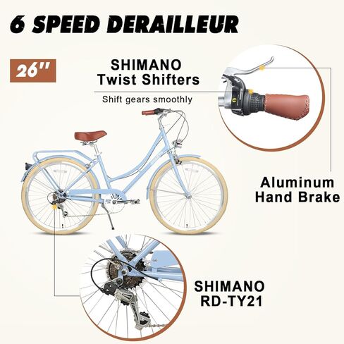 دراجة أفاستا الهجينة مقاس 26 بوصة للنساء، خفيفة الوزن، خطوة من خلال إطار فولاذي عالي العشرة، دراجة مريحة للسيدات، 6 سرعات، لون أسود مع إطارات سوداء in Kuwait