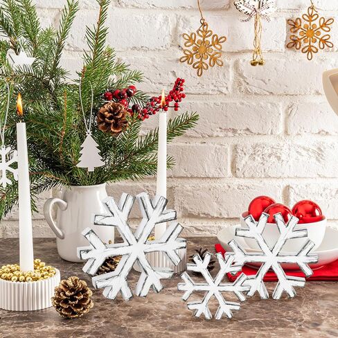 Whaline 3Pcs Winter Retro Wooden Snowflake Decor Farmhouse Christmas Tiered Tray Decor Centerpiece Block for Xmas Home Party Supplies (3.9 inch, 4.7 inch, 5.9 inch) in Saudi Arabia