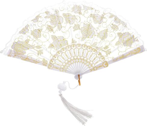 Bamboo Silk Folding Fan White Lace Handheld Folding Fan Decorative Chinese Fan with Tassels Foldable Plastic Hand Bulk for Women Tea Party Wedding Costume Weddings Dancing Party DIY Bridal Hand Fan in Saudi Arabia
