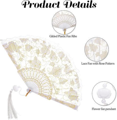 Bamboo Silk Folding Fan White Lace Handheld Folding Fan Decorative Chinese Fan with Tassels Foldable Plastic Hand Bulk for Women Tea Party Wedding Costume Weddings Dancing Party DIY Bridal Hand Fan in Saudi Arabia