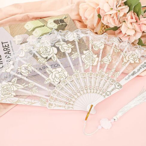 Bamboo Silk Folding Fan White Lace Handheld Folding Fan Decorative Chinese Fan with Tassels Foldable Plastic Hand Bulk for Women Tea Party Wedding Costume Weddings Dancing Party DIY Bridal Hand Fan in Saudi Arabia