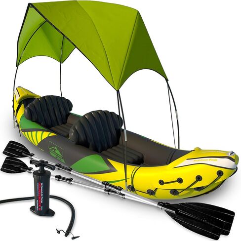 KP Inflatable Kayak 2 Person with Sun Canopy (Detachable) + Kayaks for Adults + 3rd Seat for Dog/Child + Waterproof Phone Bags + Adjustable Seats + Backrests & More + New 2024 + Grey in Saudi Arabia