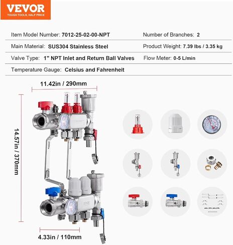 VEVOR 8 فروع مشعب حرارة مشع، 1/2 بوصة مشعب أنابيب PEX، مشعب PEX من الفولاذ المقاوم للصدأ لتدفئة الأرضية المشعة المائية، مجموعة مشعب PEX للحرارة المشعة مع محولات 1/2 بوصة متضمنة in Saudi Arabia