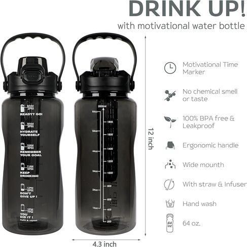 WELTRXE 64oz Water Bottle with Time Marker and Straw, BPA Free Leak Proof Half Gallon Large Motivational Water Bottle with Fruit Infuser Gym Water Jug for Fitness, Camping, Travel and Outdoor Sports in Kuwait