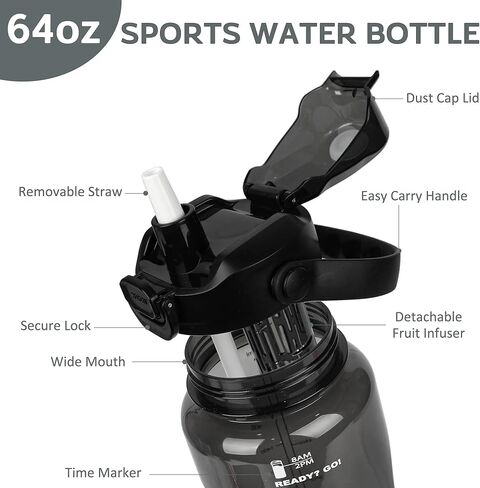 WELTRXE 64oz Water Bottle with Time Marker and Straw, BPA Free Leak Proof Half Gallon Large Motivational Water Bottle with Fruit Infuser Gym Water Jug for Fitness, Camping, Travel and Outdoor Sports in Kuwait