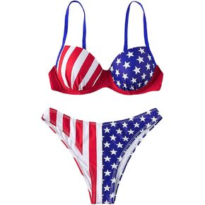 WDIRARA Women's 2 Piece American Flag Print Push Up Beachwear High Cut Bikini Set