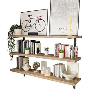 Wallniture Cervo 48"x10" Rustic Wall Mounted Floating Shelves for Wall Decor, Wall Bookshelf for Living Room, Kitchen Wall Shelves, Floating Shelf Set of 3, Burnt