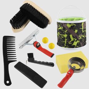 11PIC horse grooming kit,Horse cleaning set,Large and Small Curry Comb, Massage Brush, Soft and Hard Brush, Hoof Pick, Sweat Scraper, Bathing Sponge, Horse Ear Plugs, Folding Storage Bucket