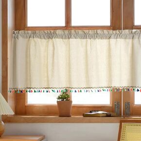 Boho Kitchen Curtain with Colorful Tassels Valance 18 Inches Long for Window Cute Beige Cafe Curtain Valance Cotton Linen Rod Pocket Window Treatment Panel Decoration