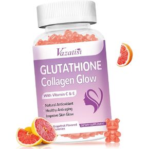 Glutathione Collagen Glow Gummies, Collagen Gummies with Vitamin C, E, Glutathione Supplement for Women, Skin Care, Anti-Aging, Strawberry Flavor, 120 Count