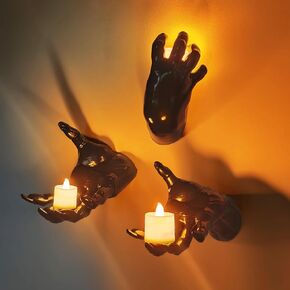 Halloween Decorations Witch's Demon Hand Pack of 3 Wall Mounted Creepy Reaching Hands with Lighted Candles Wall Mounted Creepy Reaching Hands Gothic Hanging Wall Art Sculpture (Style-A)