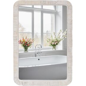 FUIN 20" x 30" Rattan Rectangle Wall Mounted Boho Farmhouse Bathroom Mirror, White Wash