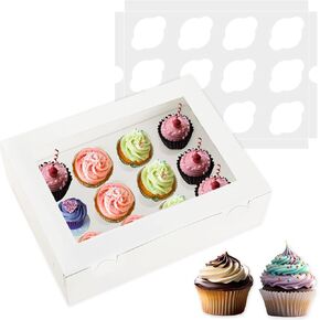 18 Pack Cupcake Boxes Hold 12 Standard Cupcakes, 13 x 10 x 3.5 Inch Paper Dozen Cupcake Containers Bulk with Window and Inserts, Disposable Bakery Pastry Carrier for Muffins, Cookies, White