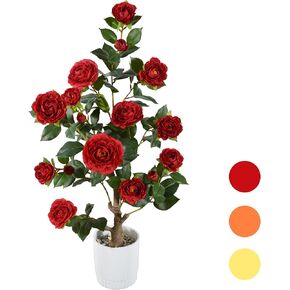 Artificial Camellia Tree 3ft, Fake Camellia Plant in White Pot, Faux Camellia Silk Flower Potted Tree for Indoor Outdoor Home Livingroom Office Decor (Orange)
