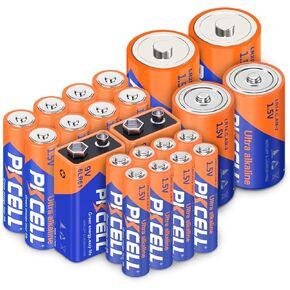 PKCELL 52 بطاريات قلوية، 16 بطاريات AA، 24 بطاريات AAA، 4 بطاريات C، 4 بطاريات D، 4 بطاريات 9 فولت للإلكترونيات المنزلية