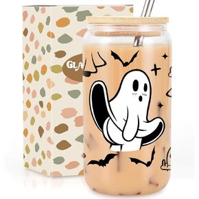 GSPY Halloween Ghost Glass Cups with Lids & Straws - Cute Spooky Iced Coffee Cup, 16 oz Middle Finger Ghost Bat Tumbler Fall Mug, Funny Halloween Gifts, Boo Basket Stuffers for Her Women Adults