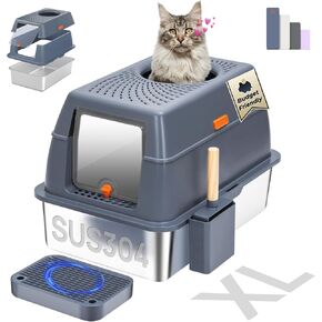 Stainless Steel Litter Box with Lid, SUS304 Metal Cat Litter Box, Enclosed Extra Large Kitty Litter Box High Wall, Jumbo Cat Litter Box with Triple Pedal, Non-Sticky, Anti-Leakage (XXL Blue)