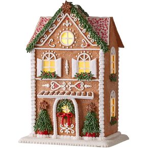 One Holiday Way 13-Inch Light Up Faux Gingerbread House w/Elegant Winter Rosemary Greenery, Trees & Timer - Vintage Kitchen Tabletop Christmas Village Home Decor - Lighted Indoor Xmas Decoration