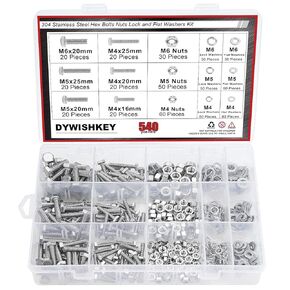 DYWISHKEY 540 PCS M4 M5 M6, 304 Stainless Steel Hex Flat Head Bolts Nuts Washers Assortment Kit