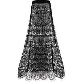 Women Floral Tassels Sheer Mesh Maxi Long Skirt High Elastic Waisted Skirt Summer Beach Bikini Cover Up Black