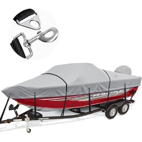 Boat Cover, Heavy Duty 1200D Waterproof Boat Covers 17-19ft with Motor Cover and Windproof Adjustable Metal Buckle Fits Bass Boat, V-Hull, Tri-Hull, Fishing Boat, Runabout Boat, Gray