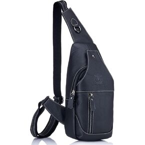 BULLCAPTAIN Leather Men's Sling Backpack Multi-pocket Crossbody Chest Bags Travel Casual Backpack with Earphone Hole (Brown)