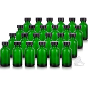 JUVITUS 1 oz / 30 ml Green Glass Boston Round Bottle with Black Phenolic Cone Lined Caps (12 Pack) + Funnel