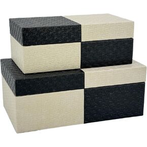 Galt International Vegan Leather Decorative Storage Boxes Large & Small Box w/Hinged Lid - Black & Tan Checkered Leather Design