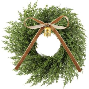 Dingion 12 Inch Cedar Wreath Faux Cedar Christmas Wreath Realistic Christmas Outdoor Wreath with Vintage Rustic Cow Bell Brown Velvet Ribbon for Christmas Decorations Holiday Indoor Front Door Decor