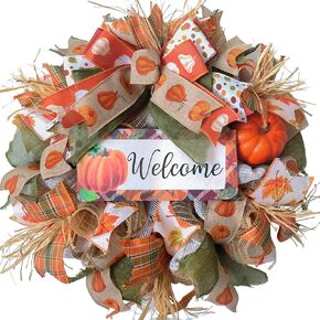 Idyllic Fall Pumpkin Ribbon Mesh Wreath with Welcome Sigh Mixed Ribbon Wreath 18" Wreath for Front Door Harvest Thanksgiving Home Decoration