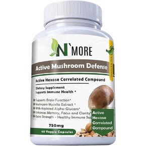 N' MORE Six Active Mushroom Defense Dietary Supplement Supports Immune Health 60 Veggie Capsules 750 mg